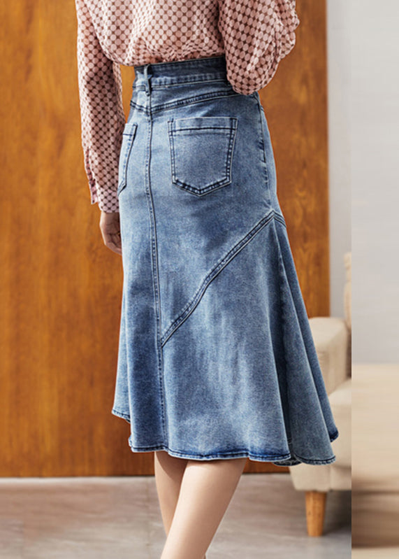 Natürliche Blau Asymmetrische Patchwork Hohe Taille Denim Röcke Sommer EE027