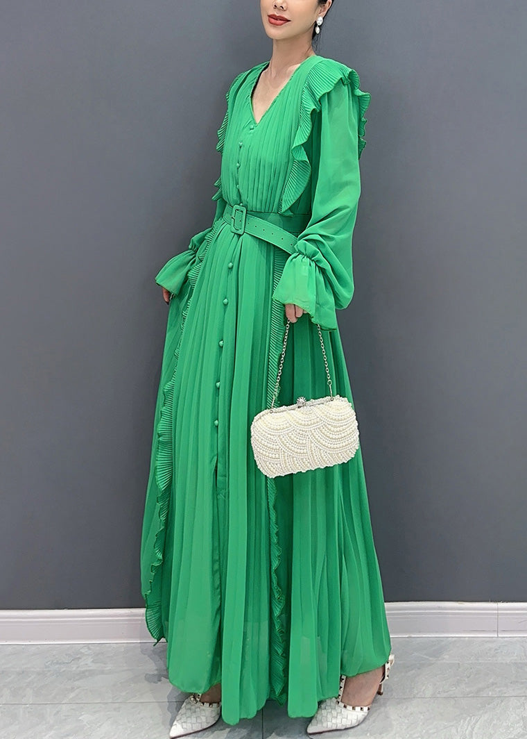 Neues grünes Chiffonkleid mit Rüschen, Knopf- und Schärpenärmeln AR1033
