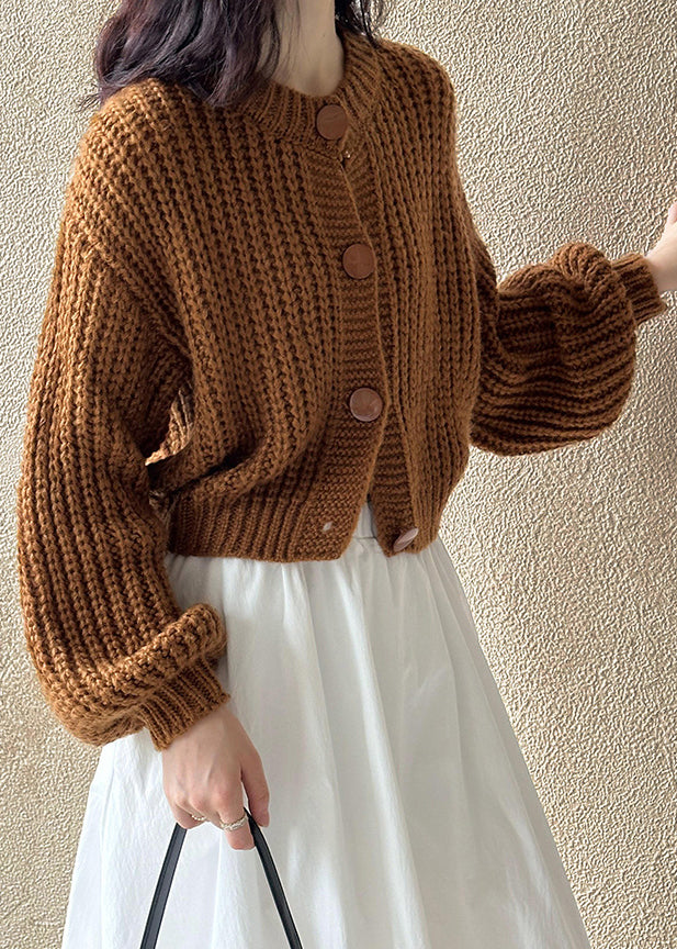 Neu Braun O Neck Aushöhlen Baumwolle Strickjacke Herbst AF1014