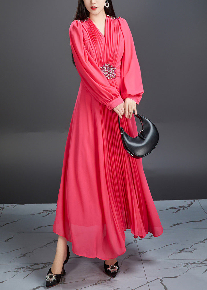Neuartiges rotes V-Ausschnitt-Falten-Chiffon-langes Kleid Herbst AR1039