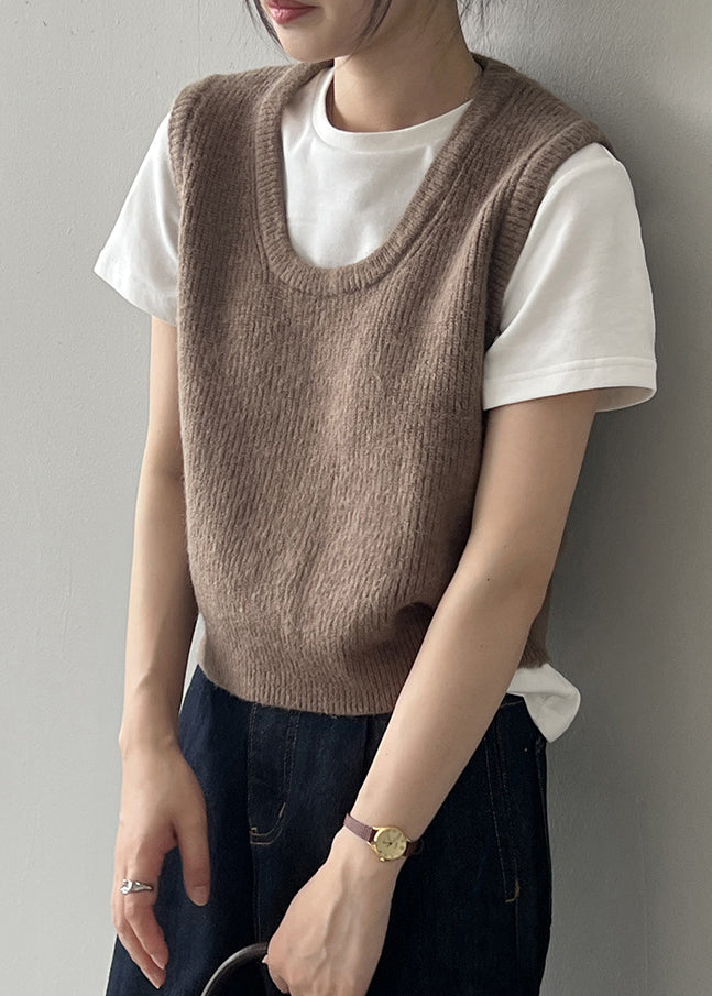 Gilet tricoté simple et polyvalent à col en U vert automne WD016 2024