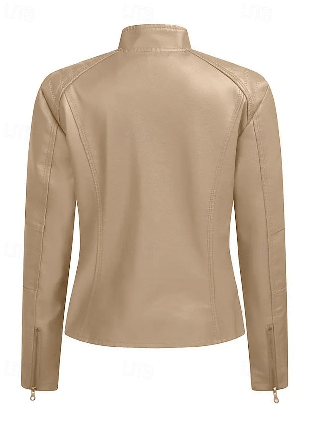 Pocket Women's Leather Faux Zipper Jacket Comfortable