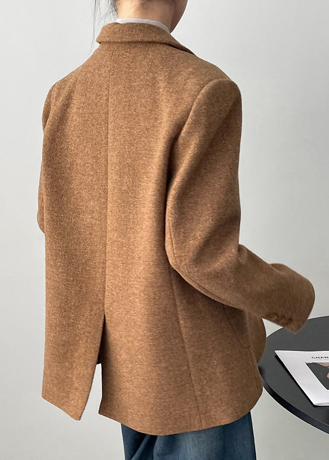 Boutique Karamellbrauner Wollmantel mit gekerbten Taschen und Knopfleiste, Herbst WD008