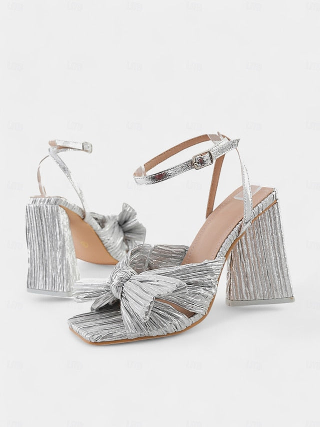 Detail Heel Sandals Gold Knot Rose Textured with Block and