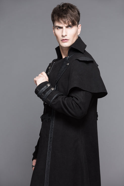 Men's Gothic Long Coat with High Collar, Woollen Fabric and Faux Two-Piece Cut