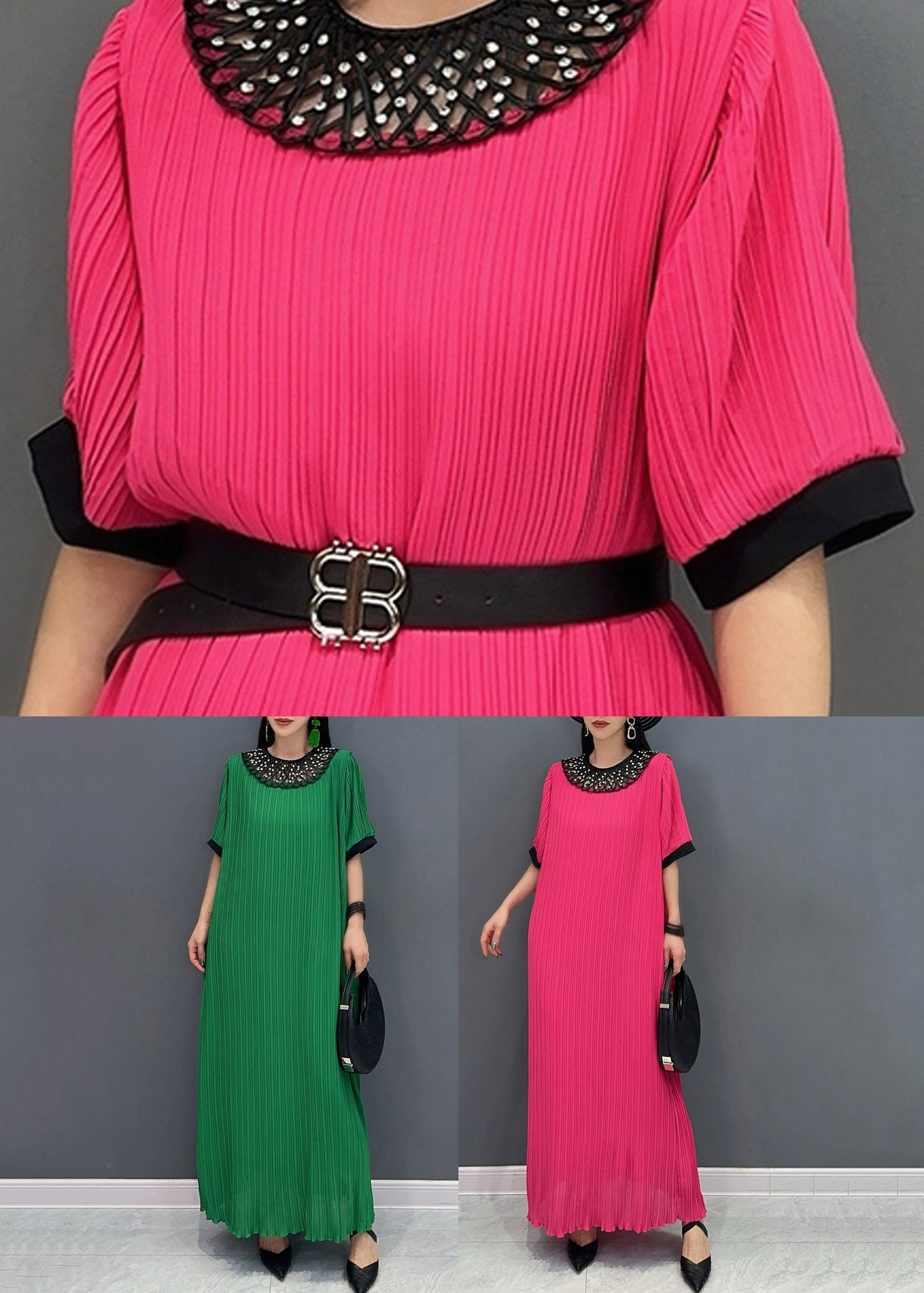 Stil Rot O-Ausschnitt Falten Langes Kleid Kurzarm AO1023