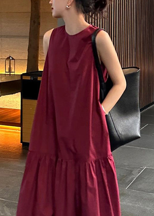 Wine Dresses Cotton Solid Pockets Long Red Wrinkled Simple