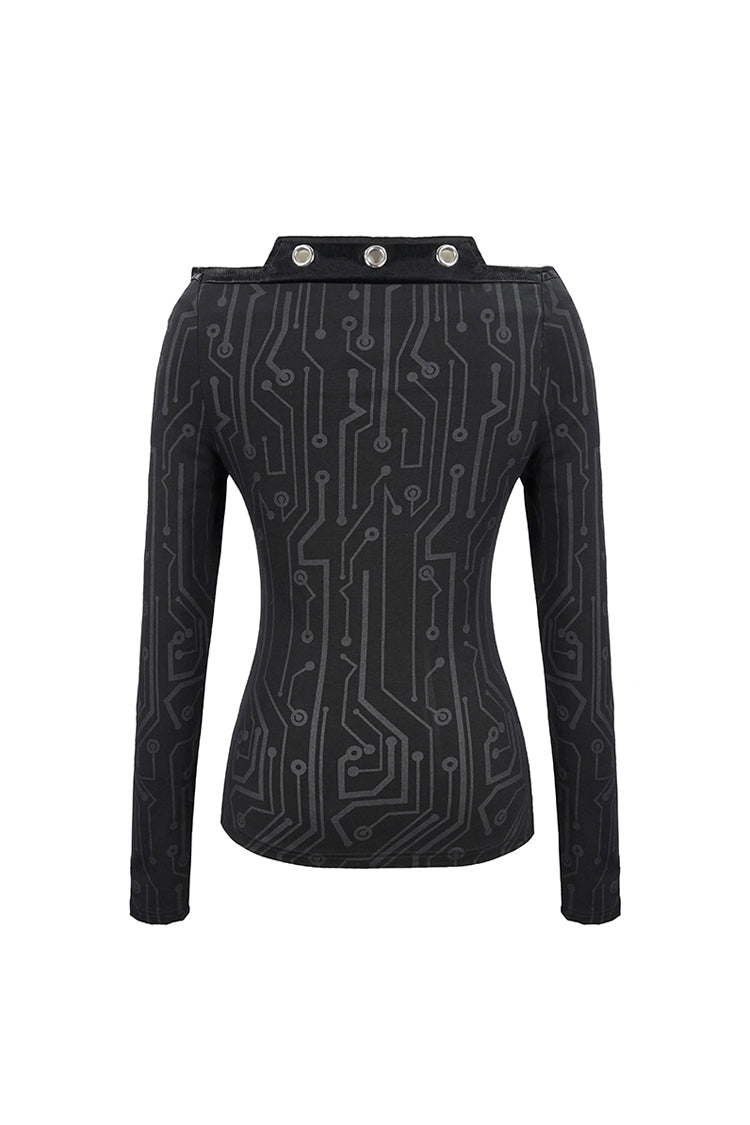 Circuit Pattern Off-Shoulder Rivet Tight T-Shirt for Women