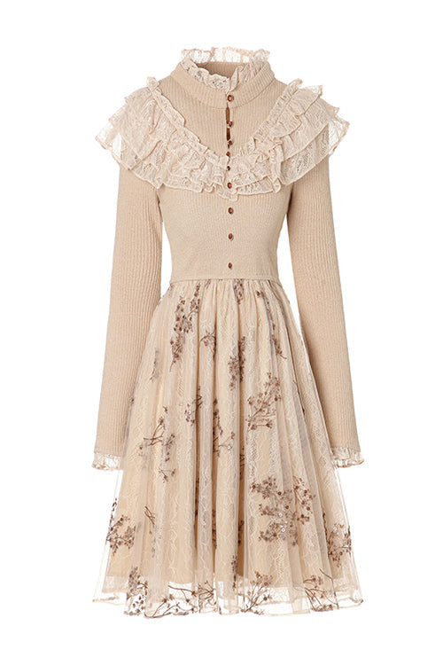 Sweet Lolita OP Dress with Lace Knit, Mesh Embroidery & High Waist, Cream