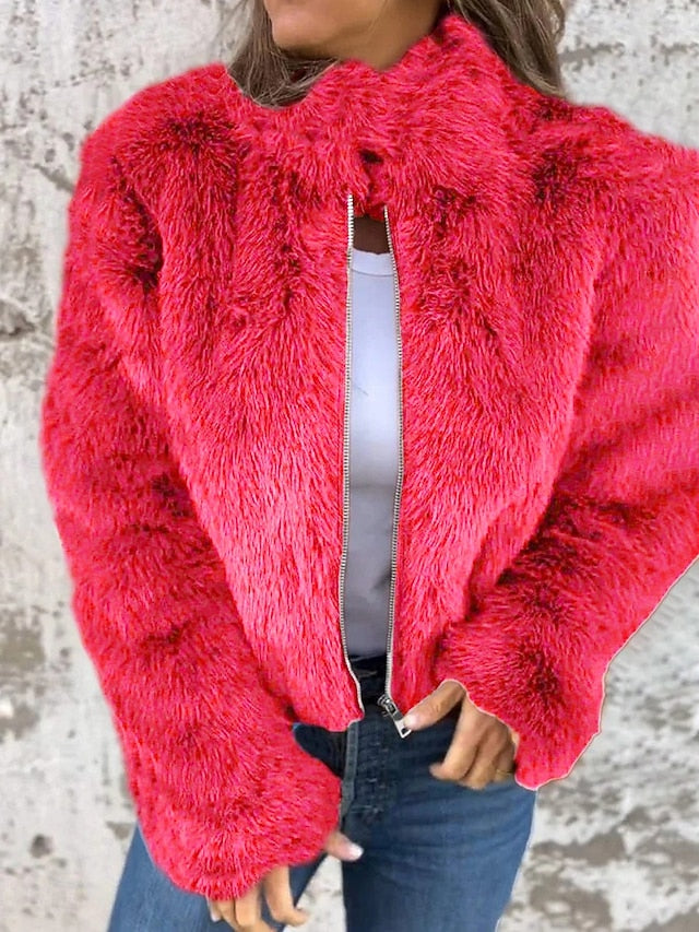 Casual Faux Zipper Plain Women's Breathable Fur Warm Coat