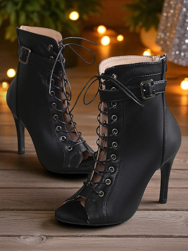 High Women's Heel Peep Booties Black Toe - Stiletto Lace-Up