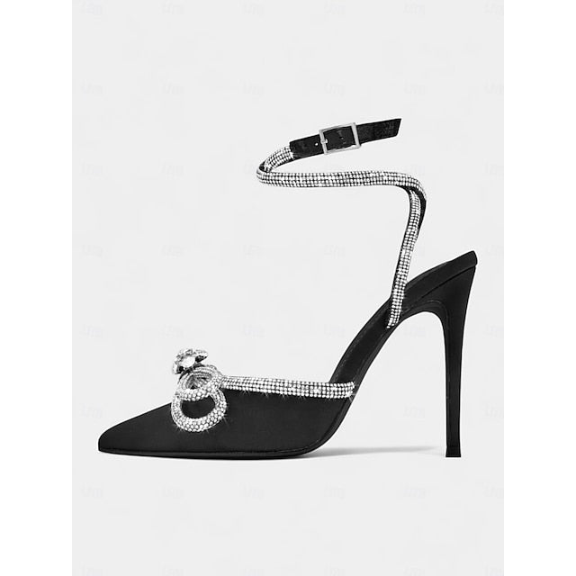 Rhinestone with Satin Heels Women's and Black Bow Stiletto