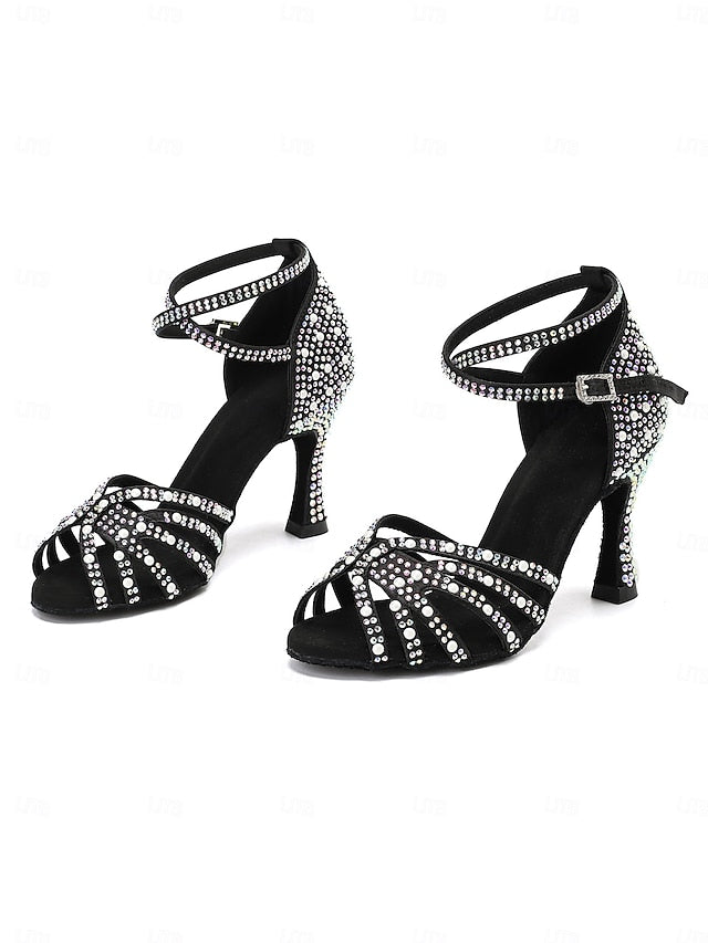 High Sandals with Heel Tan Latin Rhinestone-Embellished Dance
