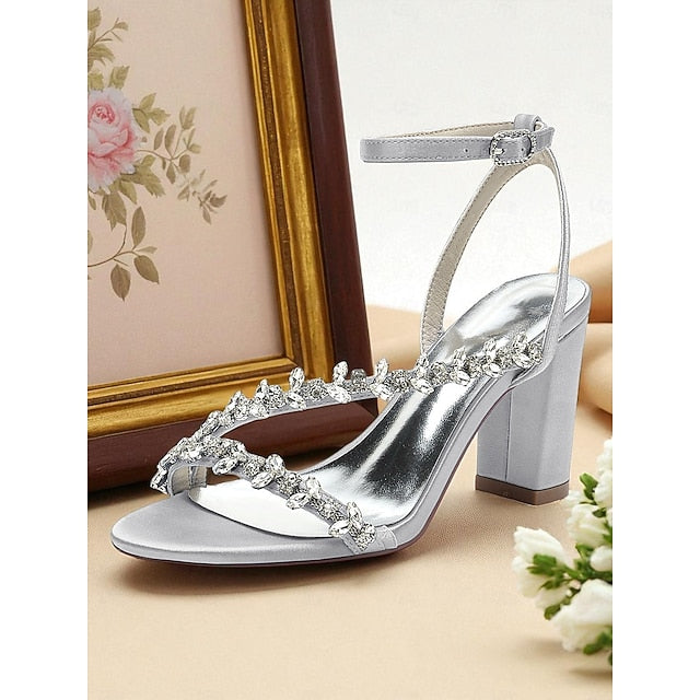 Heel Sandals Block Straps Women's - Rhinestone White with