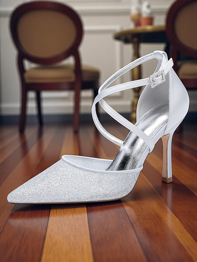 Strap Glitter Women's Silver Stiletto Heels Ankle Elegant -