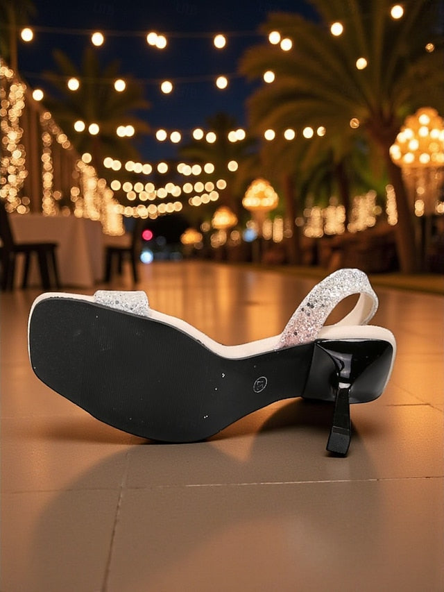 Slingback Women's Stiletto Square Sandals Glitter Toe -