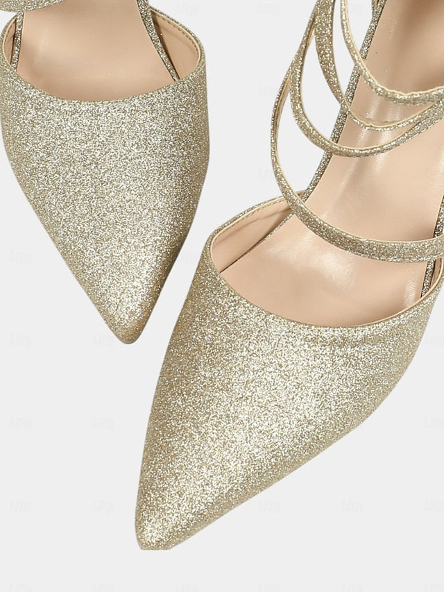 Pointed Strappy - Glitter Women's Toe High Ankle Heels Wrap
