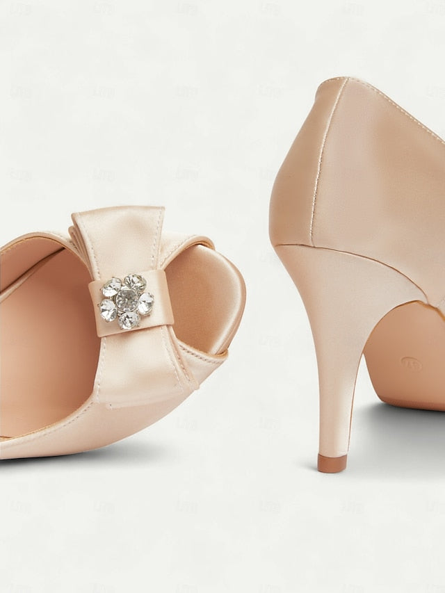 Satin Peep Toe Bow and with Heels Champagne Women's