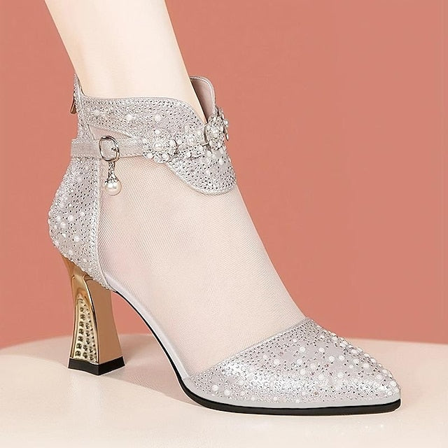 Women's Ankle Boots Mesh Golden Rhinestone Heels – with