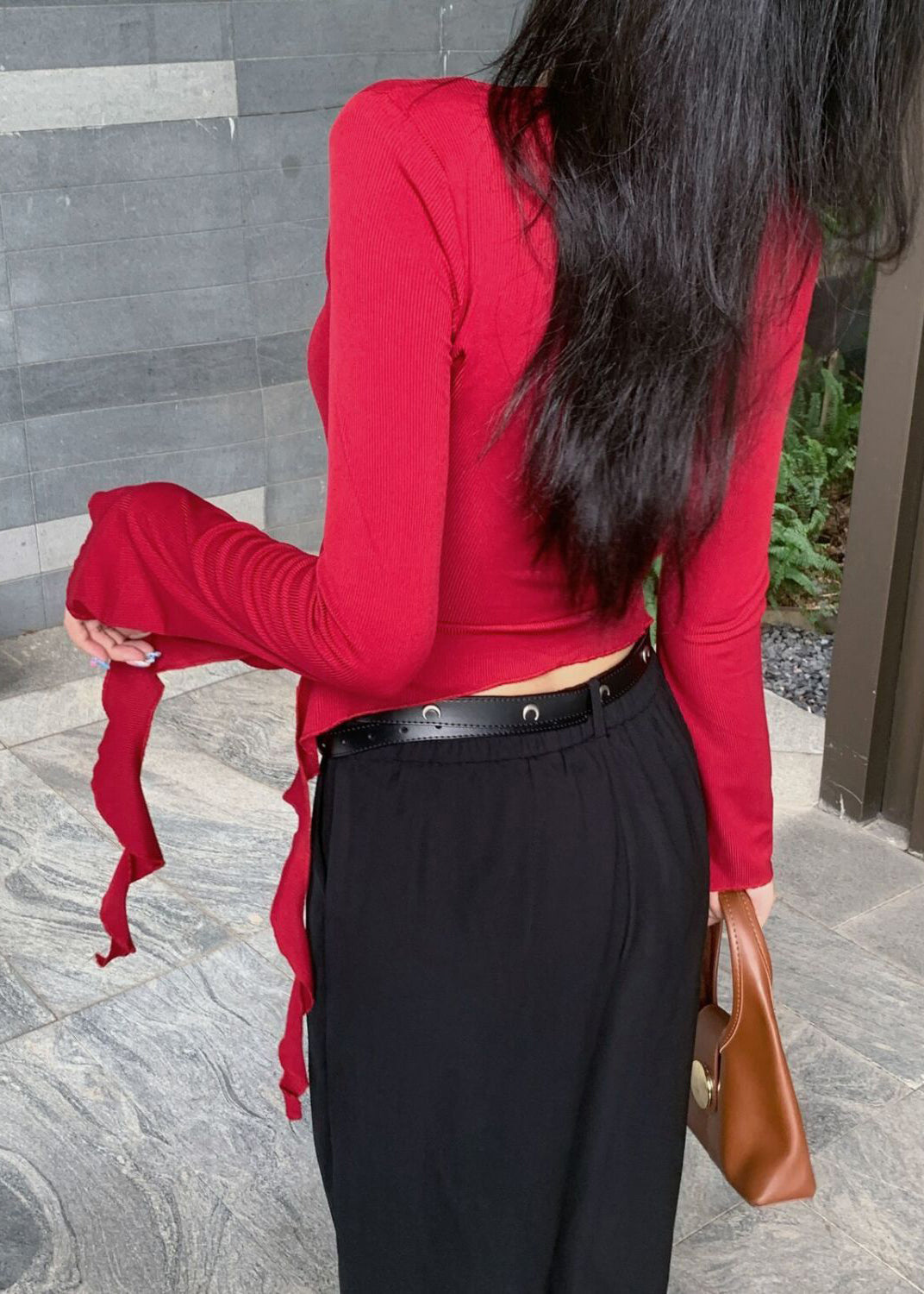 lim Fit Hollow Spring Cotton Shirt Red T Asymmetrical Out