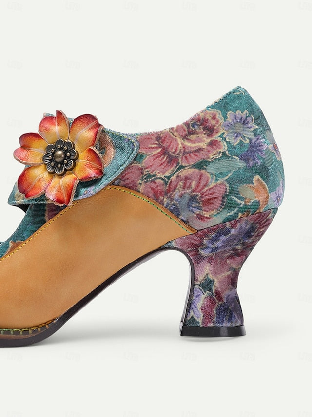 Mary Jane Women's Vintage Heels 1930s Floral Leather –