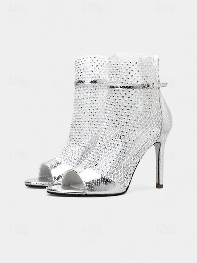 Gold – Sandals Glitter Mesh Open-Toe Stiletto Women's