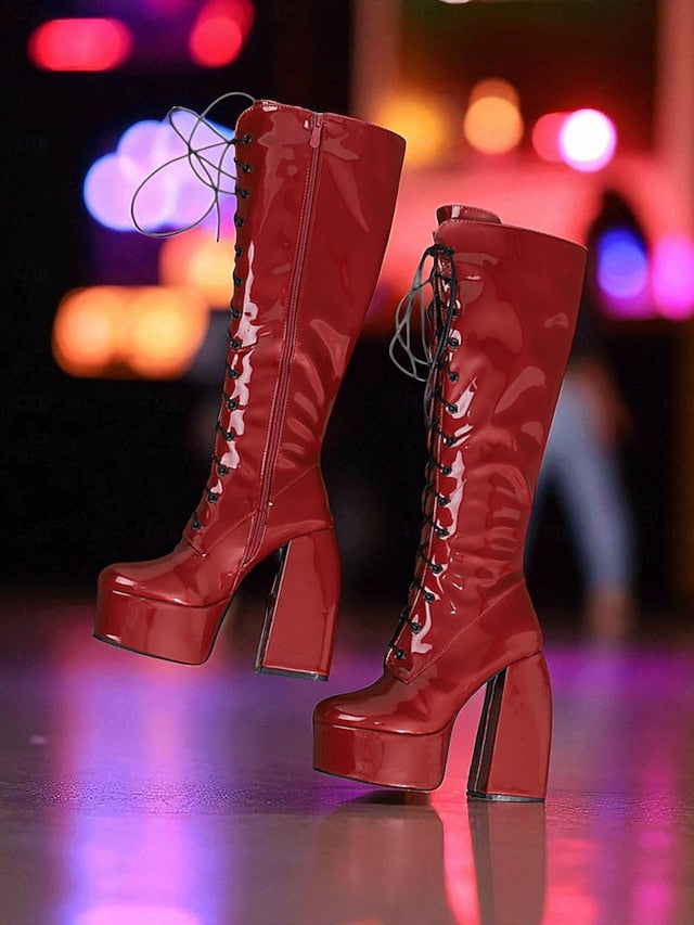 Silver Knee - Boots Platform Women's Metallic High Lace-Up