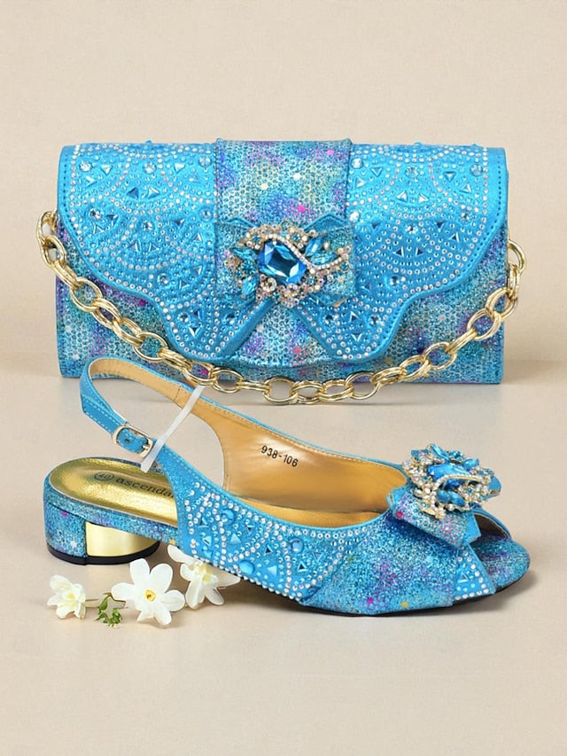 Gold Slingback and Heels Matching Rhinestone Women's Clutch