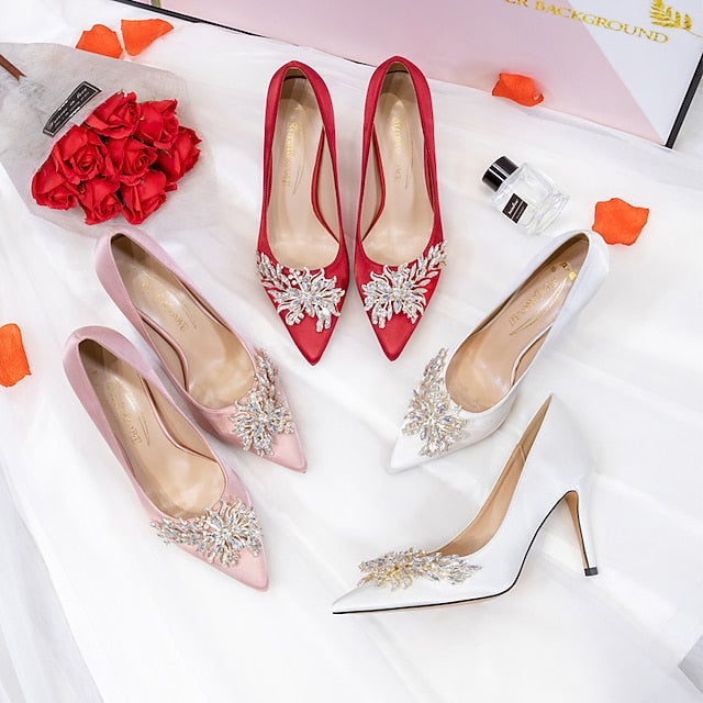 Rhinestone Women's Elegant – Pink Satin High Heels