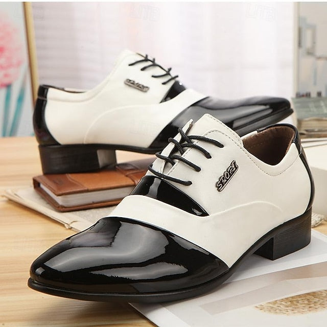 – Leather Oxford Men's Faux Patent Black Shoes White and