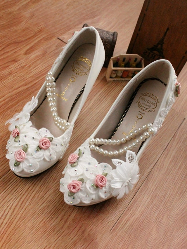 Floral Bridal for Strap White Pearl Low Shoes Embellished Heel