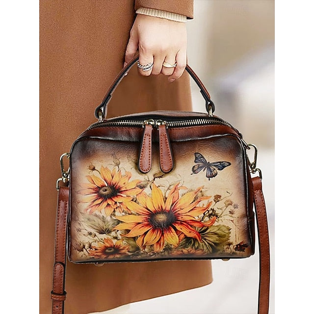 – Sunflower Print Vintage with Handbag Leather and Butterfly