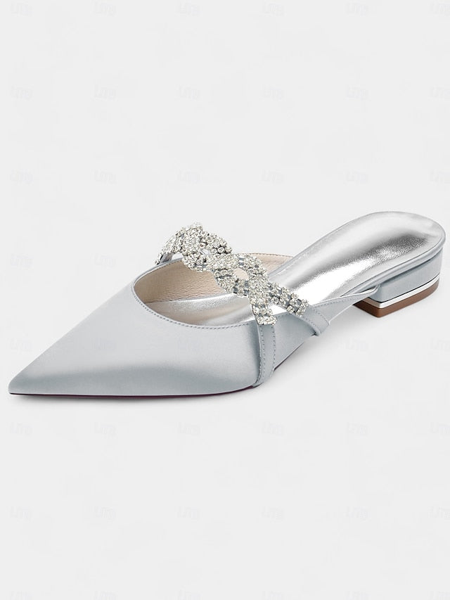 - Rhinestone with Heels Satin Pointed-Toe Mule Blue Detailing