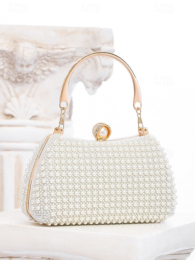 Gold with Beaded Handle Evening Pearl Bag Women's Clutch