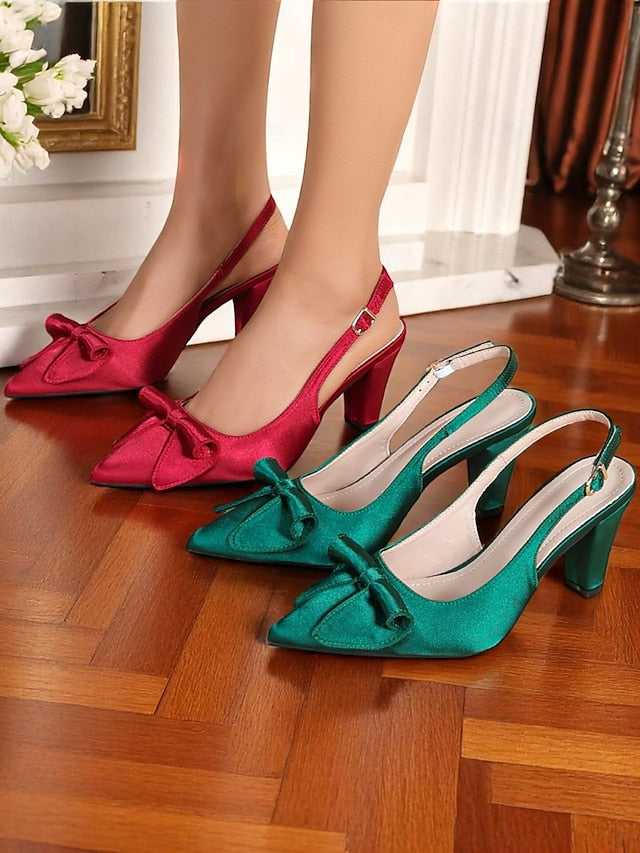 Bow 1950s Heels Green with Satin Vintage Women's Slingback