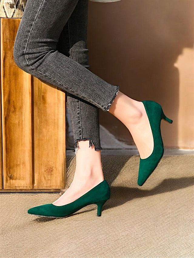 Suede Women's with Emerald Green Kitten Pumps Pointed-Toe