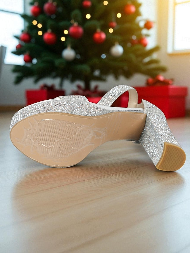 Platform Ankle Heel Sandals High - Silver Glitter Women's