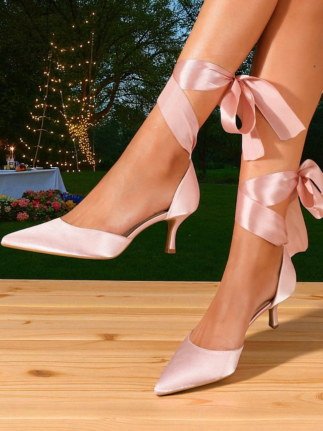 Heel with Ribbon Women's Shoes Pointed-Toe Satin Kitten