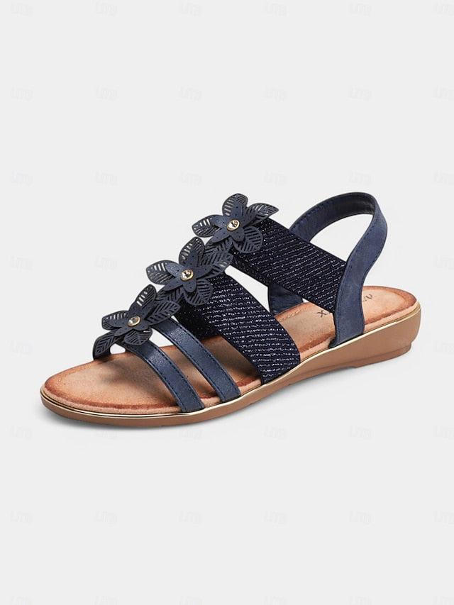 Elegant Women's Beige Floral Rhinestone – Flat Sandals