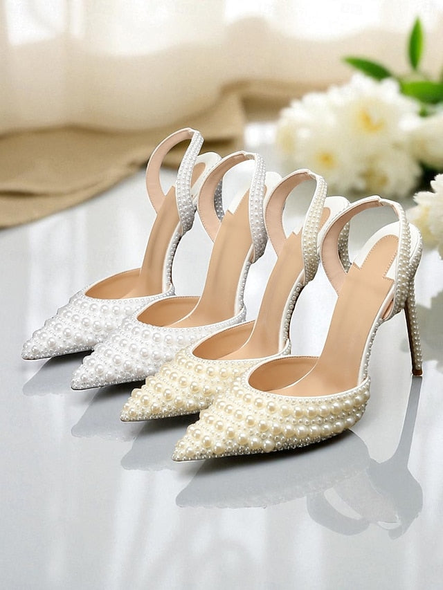 Slingback - Pearl-Embellished Leather Women's White Heels