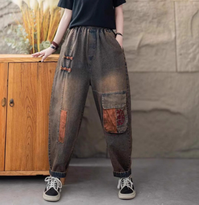 Women Autumn Vintage Patch Spliced Cotton Harem Pants GEM633