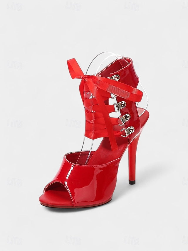 Sexy Stiletto Black Women's Lace-Up Patent Cutout Sandals -