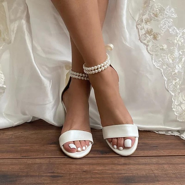 Wedding Anklet and Heels - Sandals Pearl with White Satin Block