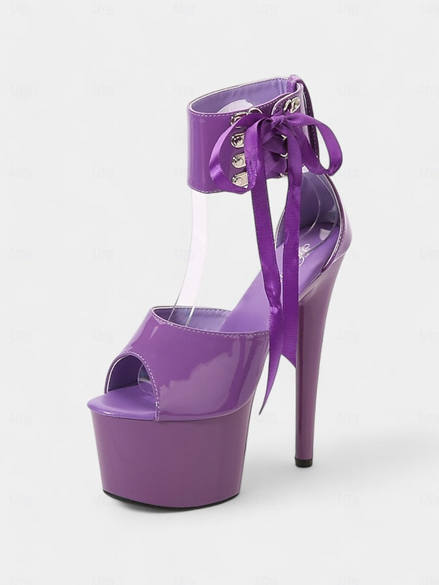 Black Patent with Platform Sandals Leather Ankle Straps Lace-Up