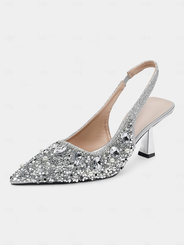 Rhinestone Gold Women's Pearl Slingback with Heels