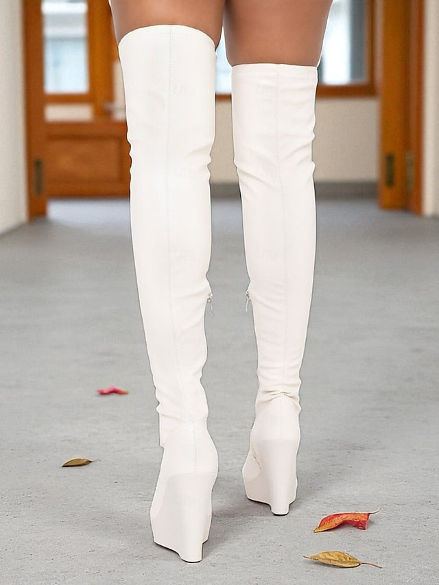 the Knee Heel Women's Wedge Faux Leather - Boots Over Black