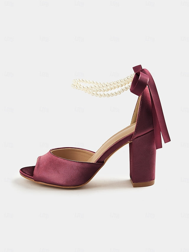 Sandals Peep-Toe Satin Women's Pearl Heel with Block Ankle