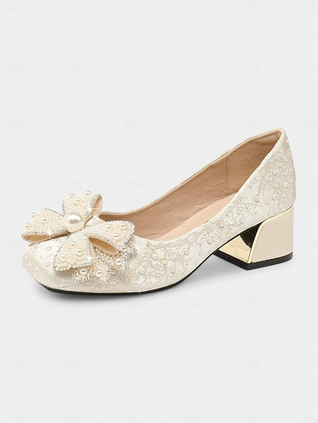 Bow Pearl-Embellished Gold with Detail Pumps – and Black