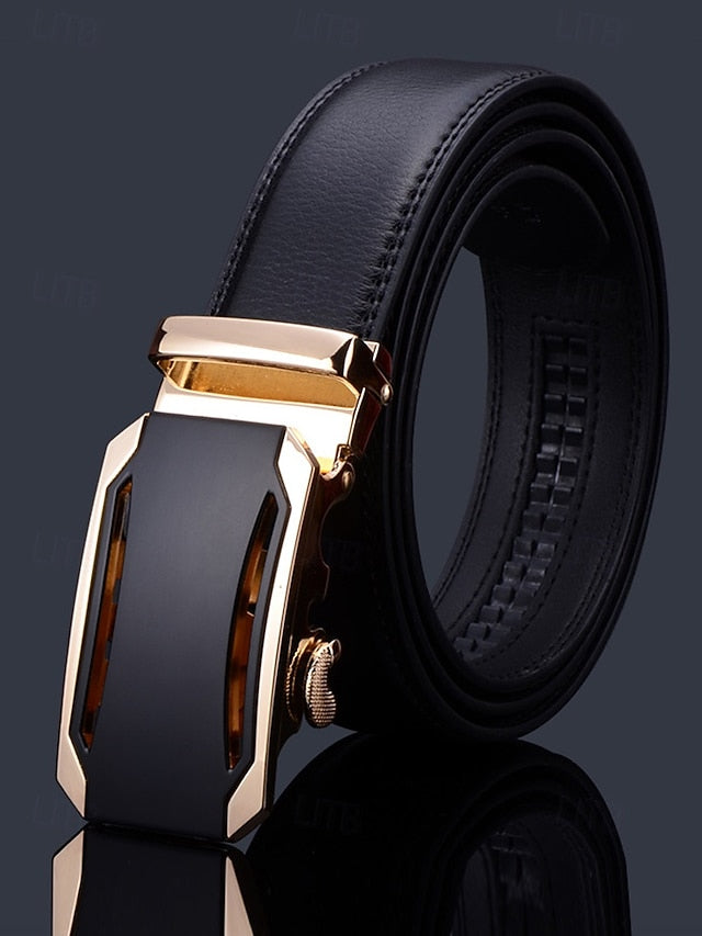 with Elegant Adjustable Black Leather Men's Belt Metal