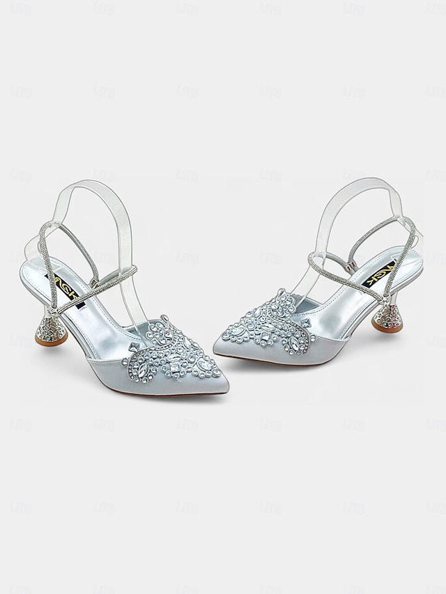 Embellished Women's Rhinestone Pointed Satin Gold Toe